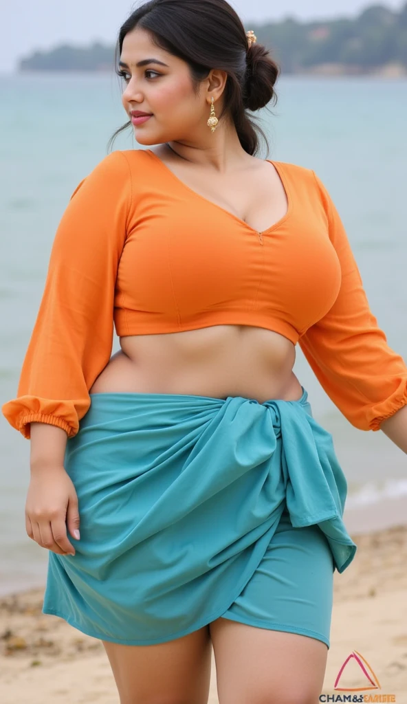 Beautiful girls smooth face full body plus size curve wearing saree blues full body plus size curve location beach, breast size large. Picture quality 8k 16k, 