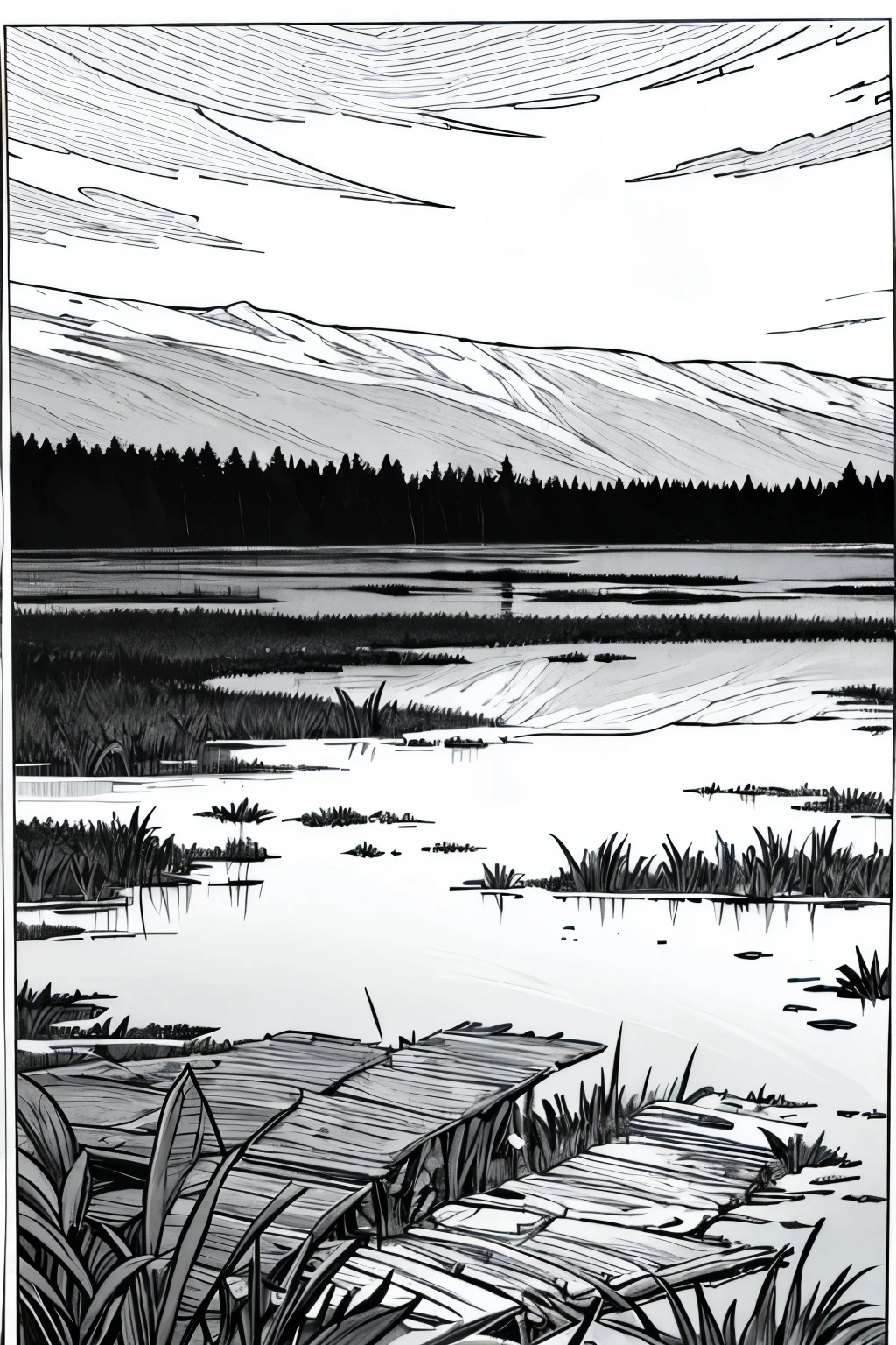 As a coloring book, the colors are black and white, the borders are simple, there is more white space, official art, wallpaper, masterpiece, top quality, crayon texture, highly detailed, lovely, soft touches, ren's picture book style illustrations, (drawings). ((Budori toils in a vast swamp, covered in mud. The landscape is monotonous and the work is arduous.))