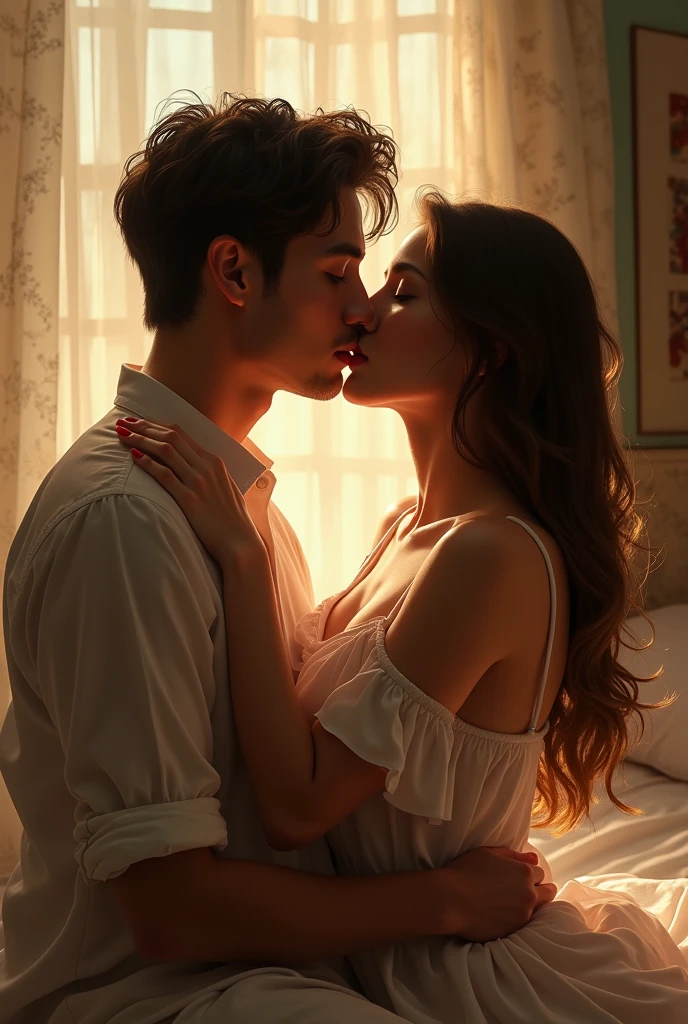 (photorealism:1.2), beautiful girl and boy, sitting on bed, wearing soft dress , lip kissing, open hair indoors, lighting, window with sunlight, cozy room, tight hug,