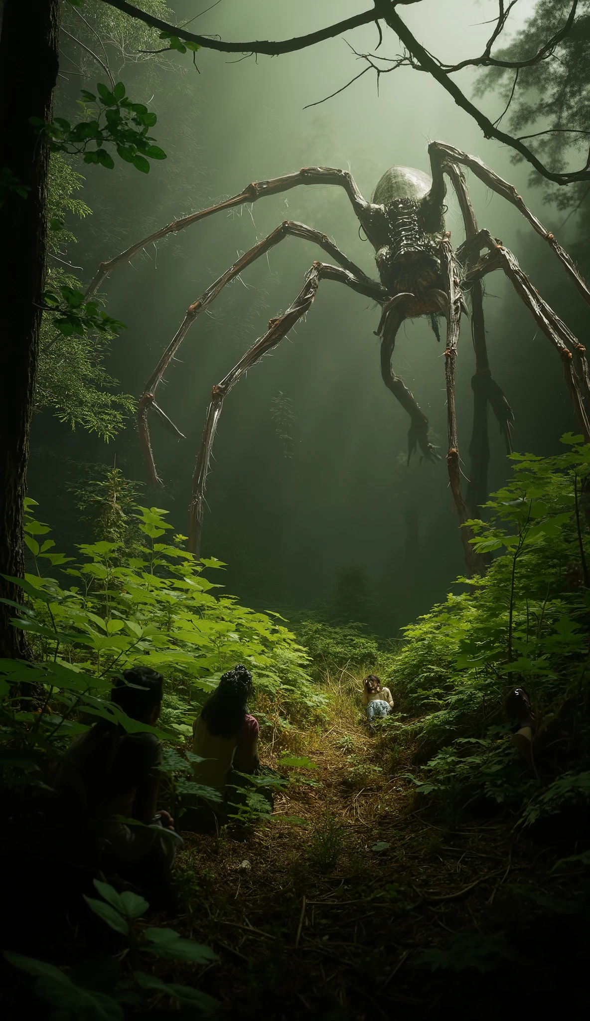 The camera looks up at the dense forest, and a giant tall spider crawls past the heads of people hiding in the grass、 8K resolution on the front、 Realistic Textures 、cinematic lighting、depth of field。