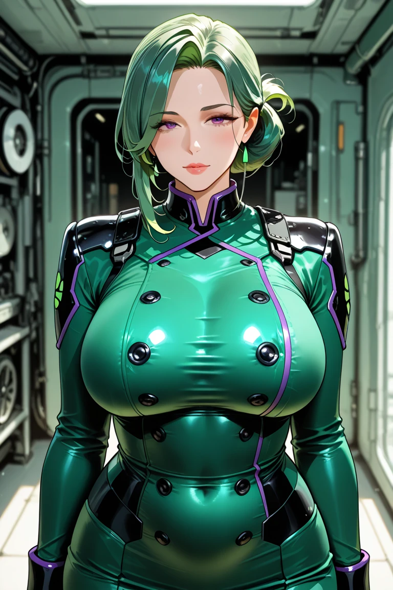 Military green translucent armor,Arm mecha,light blue short hair,Braided hairstyle,Large Breasts,Cleavage,Pistol hanging from waist,fighter pilot,fighter hangar,sexly,Lipstick,miss,Golden Eyes,stockings,Short skirt,Smile,Nipple showing,lipstick,earrings