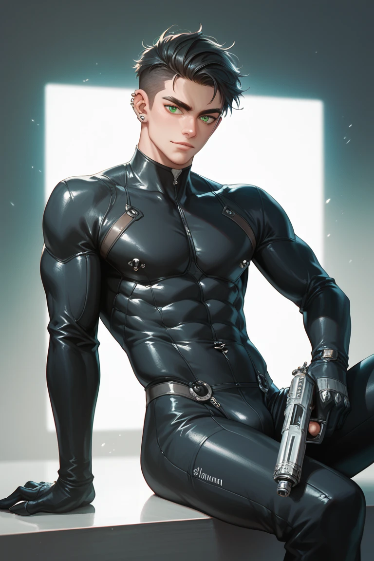 Teenage twink boy, unwilling and nervous, wearing tight latex shorts shirtless