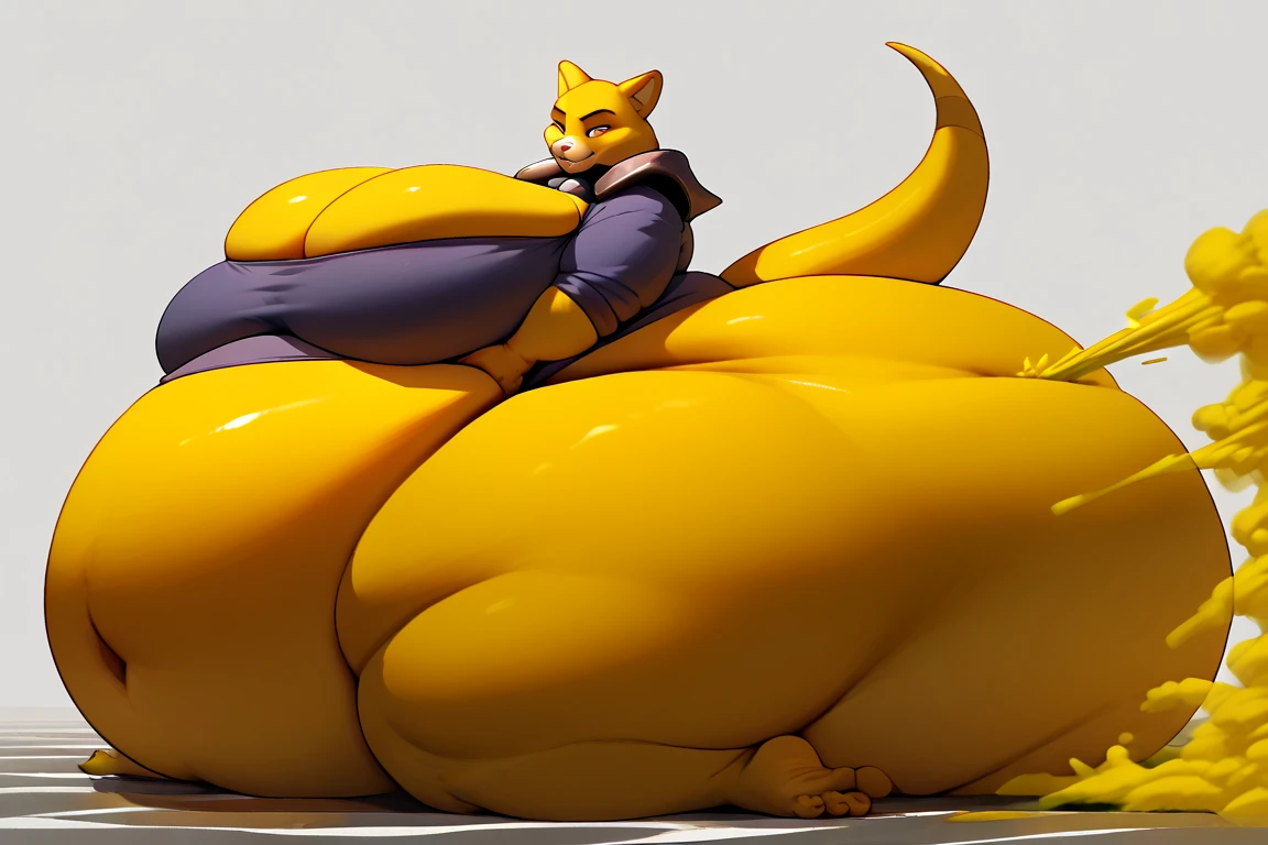 explicit content, high quality, female, solo, YAMPER, (black bikini), thick thighs, green eyes, wide hips, huge ass, huge breasts, humongous ass, humongous breasts, living inflatable, inflation valves, standing, ass facing viewer, blushing, strained bikini, in public, wagging tail