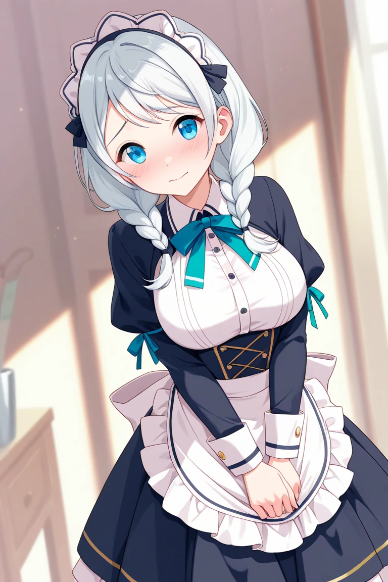 highest quality、masterpiece、((1 girl:1.5))、((smile:1.3))、(blush:1.4)、Black Shirt、blouse、((fun!!))、(Small breasts)、()、Blonde、(Long sleeve)、((White apron:1.5))、((Maid))、((hair ornaments)),、Kamimei、look at me、 ((in house:1.5))、 Taking a break from watching the audience、Cowboy Shot、((Shaved:1.5))、(Roll-up skirt:1.3)、(Fully exposed and highly detailed labia:1.5)、((Skirt lift:1.5)),()、()、、(スカート that rolls up:1.3)、()、Light blue eyes、long hair、Glowing Eyes