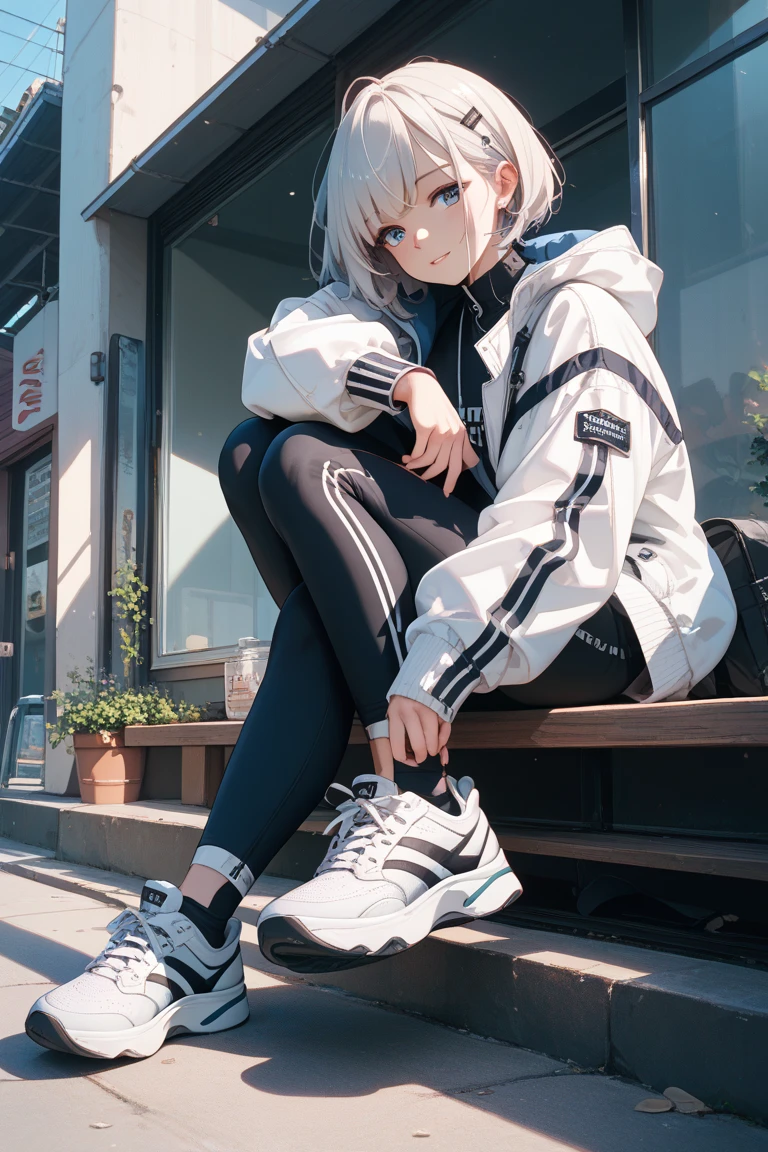 girl, beautiful, korean face, short shoulder length hair, white hair, wearing a white hoodie, shorts, sad face. sitting on the floor, realisctic 4k hd