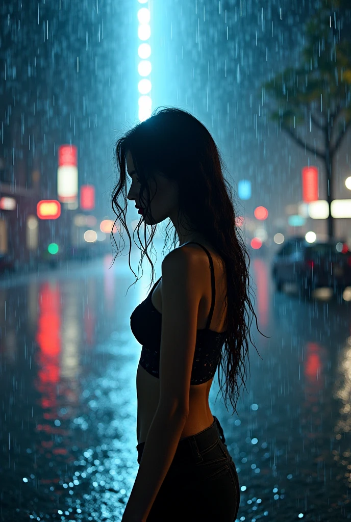 An Asian woman with a beautiful, sharp oval face and long, black hair, playing naked in the rain on a rooftop at night. The lights reflect off the shimmering raindrops. Her hair is soaked