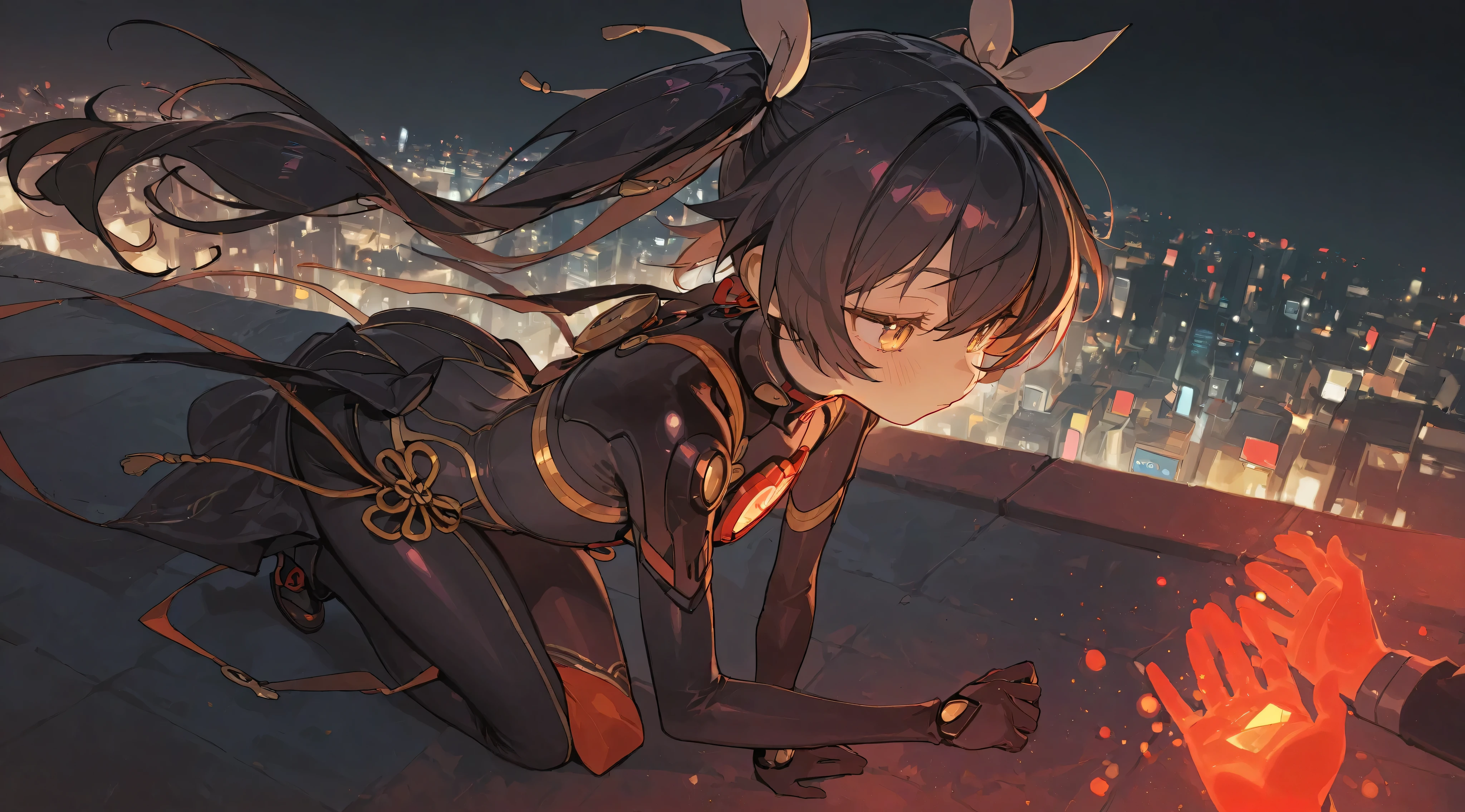 score_9, score_8_consolation, score_7_consolation, ultra high definition, masterpiece, accurate, 해부학적으로 accurate, high quality, Yubu, perfect hands, Detailed Hands , anime style female, very pretty girl , pretty girl, gold gradient eyes, Bright Pconsolationils, almond eyes, naughty, 분홍색 Hero Suit를 입은, slender and flexible body, Illustration with movement, black hair, Twintail, 낮은 Twintail, gold eyes , 분홍색 헤어 ribbon, ribbon, Hero Suit, night, city, Orange , Red light , long hair, Solo,