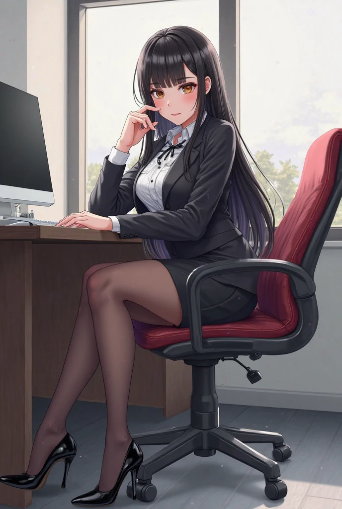 , score_9,score_8_up,score_7_up, source_furry, an anthro furry wolf girl, long black hair, straight hair, red eyes, cute snout, black nose, all black furry body, tall, medium breasts, wearing white shirt, black short skirt, sitting on an office chair, indoors, her she has a serious expression, red heels