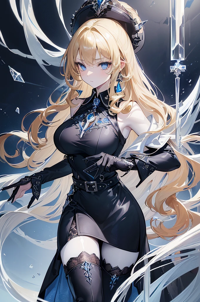 Nara Vor EndField has long, flowing blonde hair that reaches her waist and piercing blue eyes, reflecting intelligence and sharpness. She wears a wide, full-length black dress with a high collar, covering her completely and adding a touch of elegance. Her serious and focused expression suggests determination and readiness for a challenge. The abstract, glowing background enhances the mysterious and dramatic aura surrounding her, emphasizing her strong and charismatic presence.