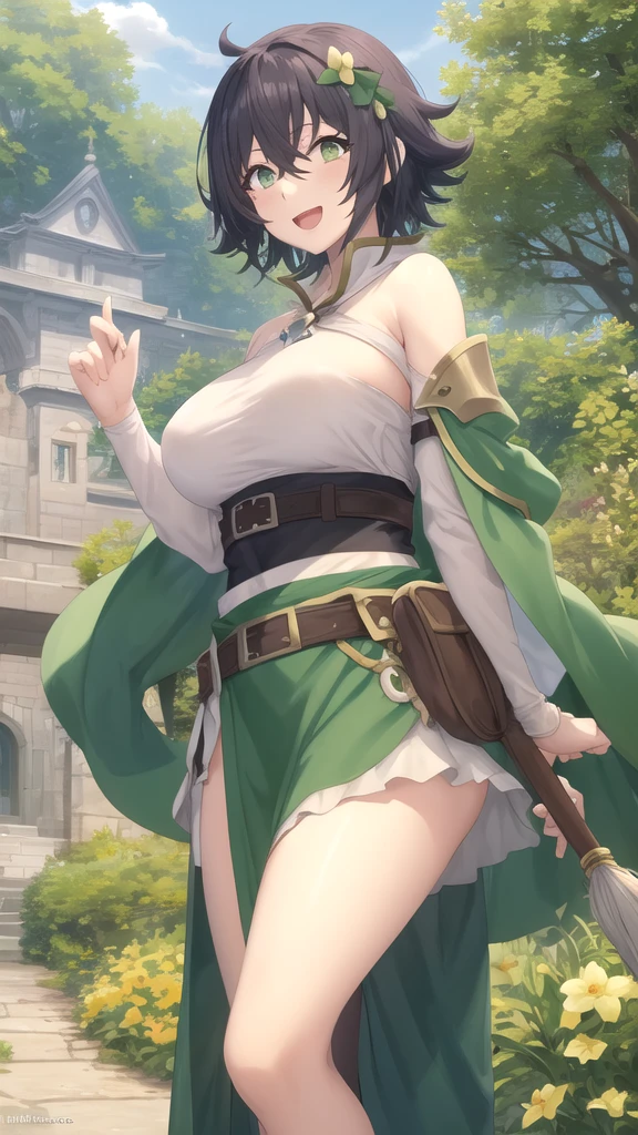((Best Quality)), ((masterpiece)), ( Very detailed), 1 girl,with tight dress, white with green, black stockings, mini skirt,white panties, with a sword, A shield, in a medieval landscape, looking at the viewer,((Whole body)),((view from below))