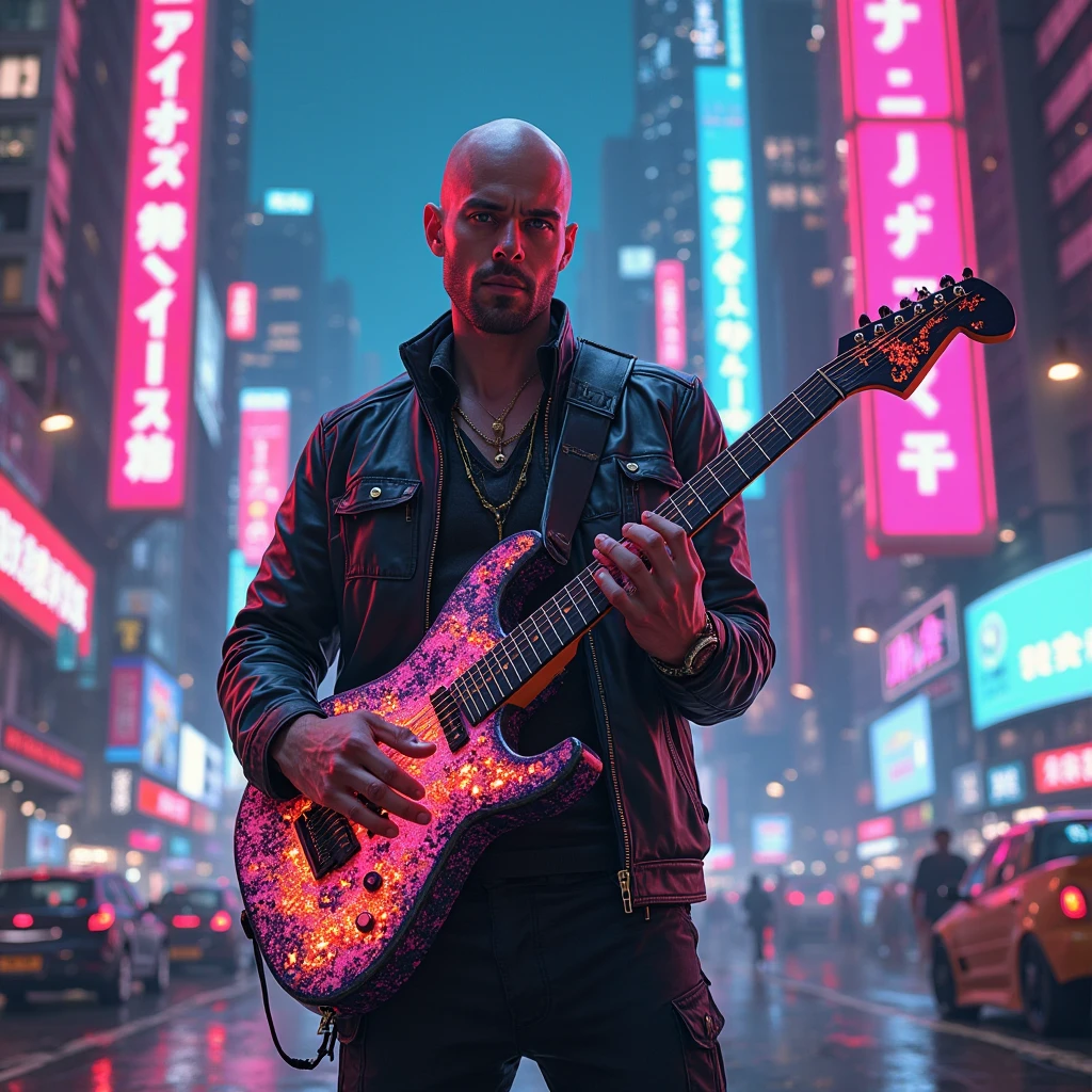 A bald guy with a 6-string guitar in his hand in a stylish posture in a cyberpunk world, full of neon on the guitar and in the surrounding world