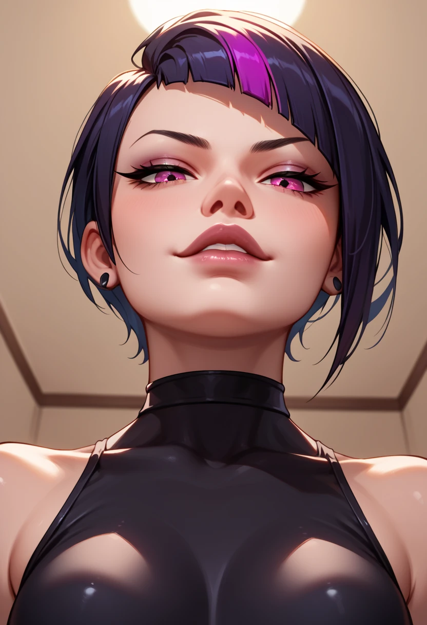 T8Reina, 1girl, short hair, purple hair, multicolored hair, in a blowbang bukkake with 5-guys, By Brazzers porn,