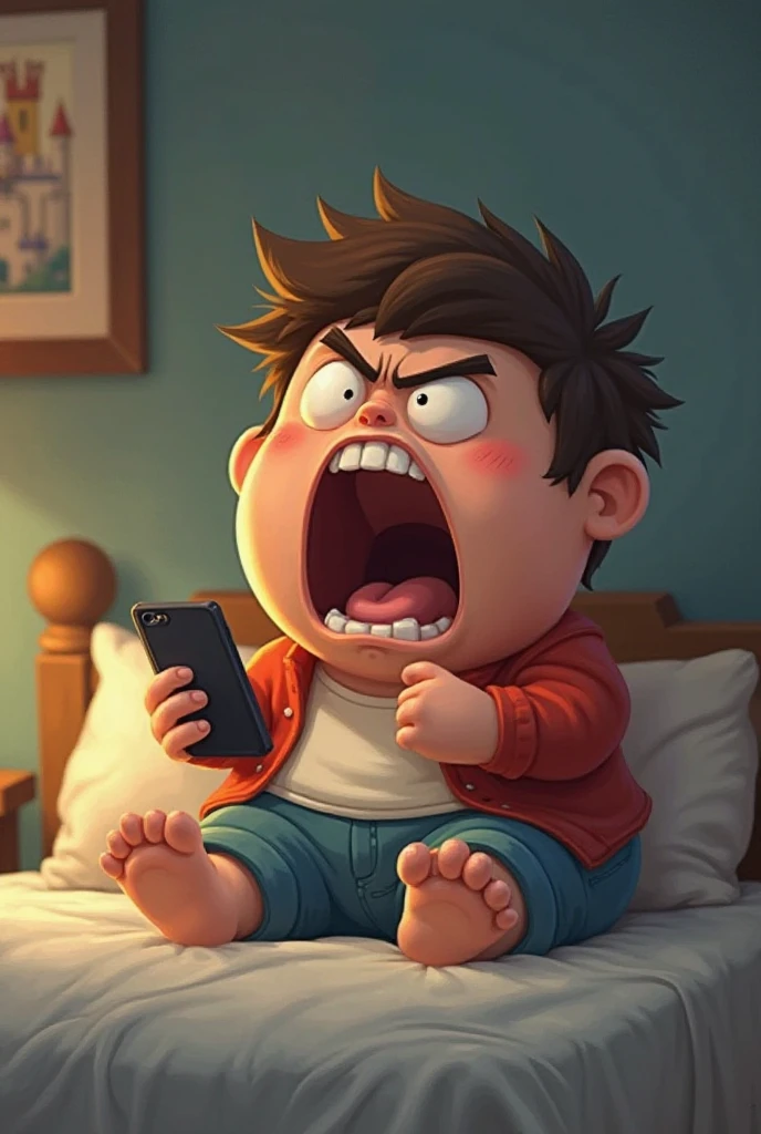 My dark-skinned teenage brother with straight black hair, with a little bit of bangs with a crutch, yelling at the cell phone while playing free fire
