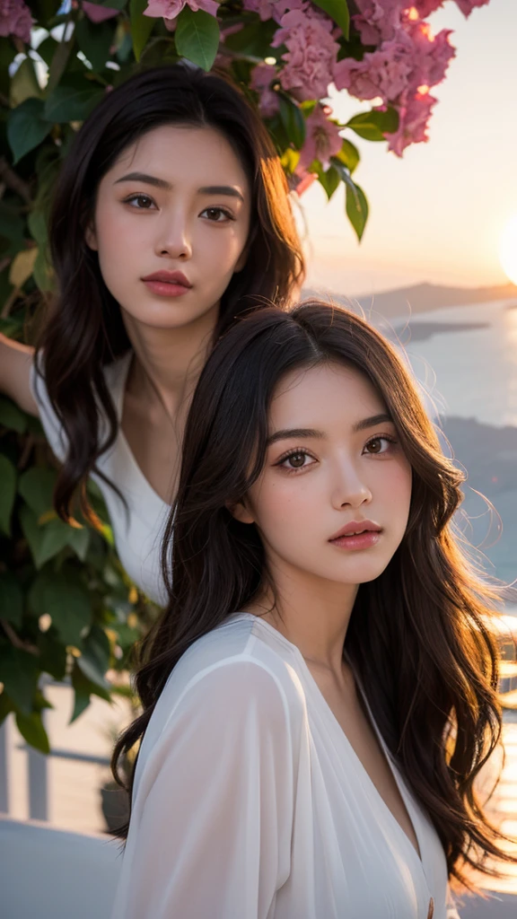 (2 beautiful young girls,girls walking on beach,realistic,photorealistic:1.37,beautiful detailed eyes,beautiful detailed lips,extremely detailed eyes and face,longeyelashes,beautiful skin,detailed clothing,detailed background,detailed water,detailed sky,detailed sand,detailed waves,detailed lighting,dramatic lighting,cinematic lighting,warm colors,golden hour,muted colors,soft colors)