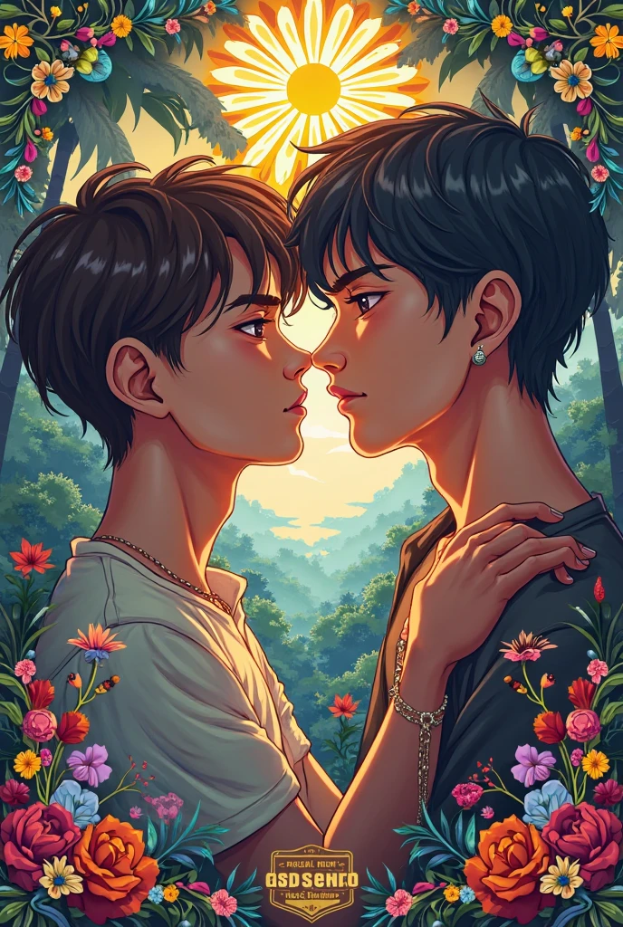 The best picture quality at the level of a masterpieceOn a sunny morning, two boys in love passionately kissed on the brilliant green lawn, with a rainbow of 7 colors in the background, surrounded by blooming roses.
