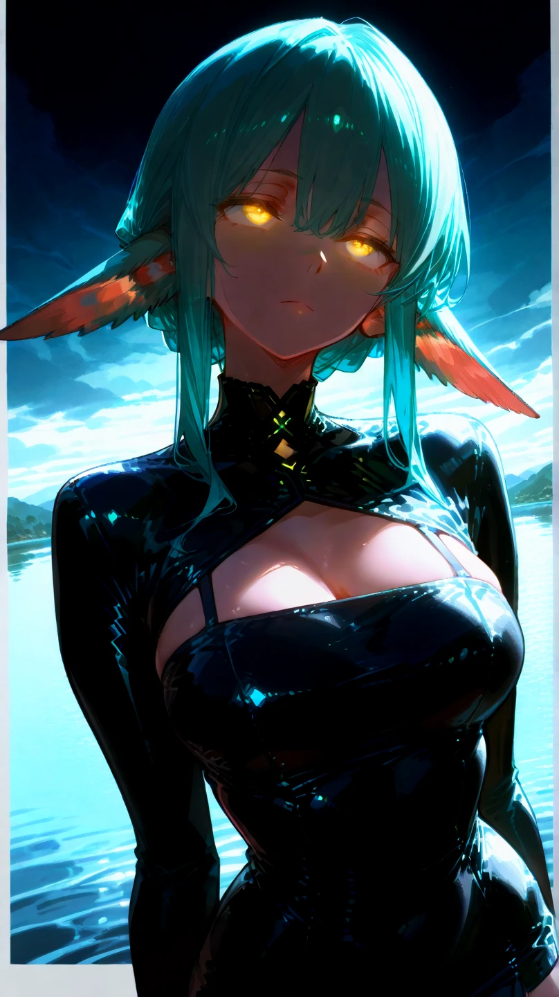 yorha no. 2 type b, 1girl, blindfold, breasts, cleavage, cleavage cutout, clothing cutout, green background, hair between eyes, hairband, highres, juliet sleeves, long sleeves, mole, mole under mouth, nier (series), nier automata, oni gini, puffy sleeves, red lips, shaded face, short hair, solo, turtleneck, upper body, white hair,