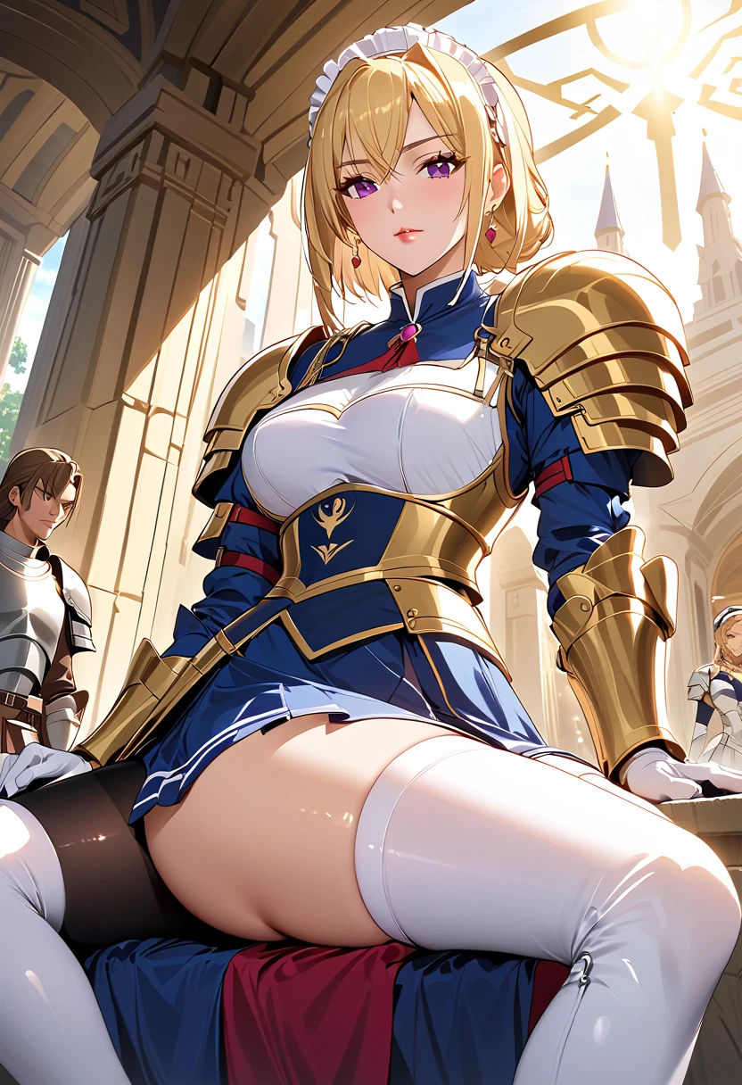 ,Perfect ,don quixote \(limbus company\, Naked、Blonde hair, Short hair, hair between eye, Orange Eyes, She straddles the bayonet、(Musketeers in medieval Europe )、hiqcgbody