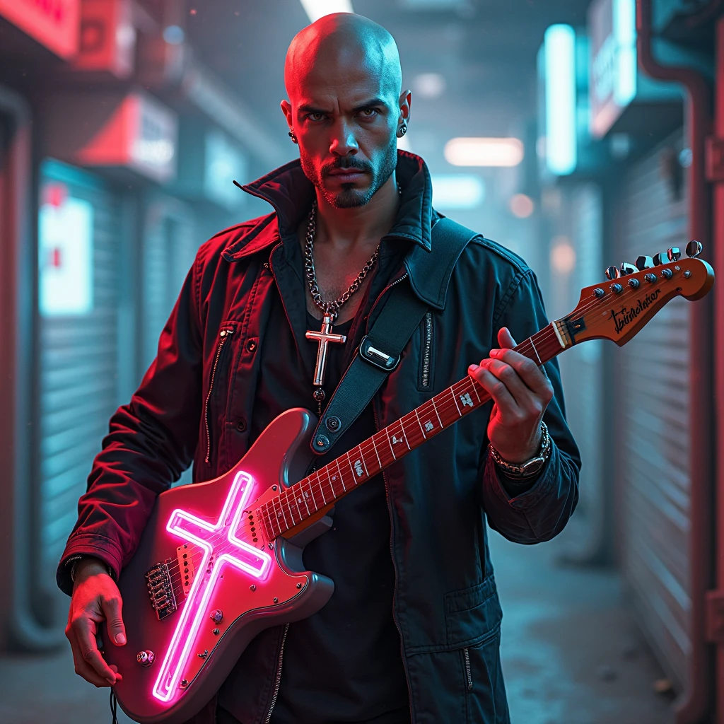 Bald dude, Fender Stratocaster guitar in hand in a stylish posture, necklace with Jesus cross in the neck, In a cyberpunk world, with a neon cross on the guitar