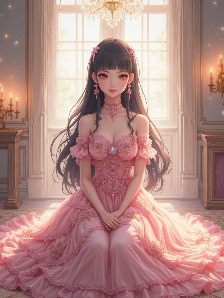 A very beautiful anime style girl super ultra HD 8k high quality resolution A beautiful animated-style woman with long flowing brown hair, sitting gracefully on a modern sofa in a luxurious room. She is wearing an elegant, deep red, off-shoulder evening gown with intricate lace details. The gown has a long, sheer train that drapes elegantly over the edge of the sofa. The woman is surrounded by lush flower arrangements in various shades of pink, purple, and red. She has a serene expression on her