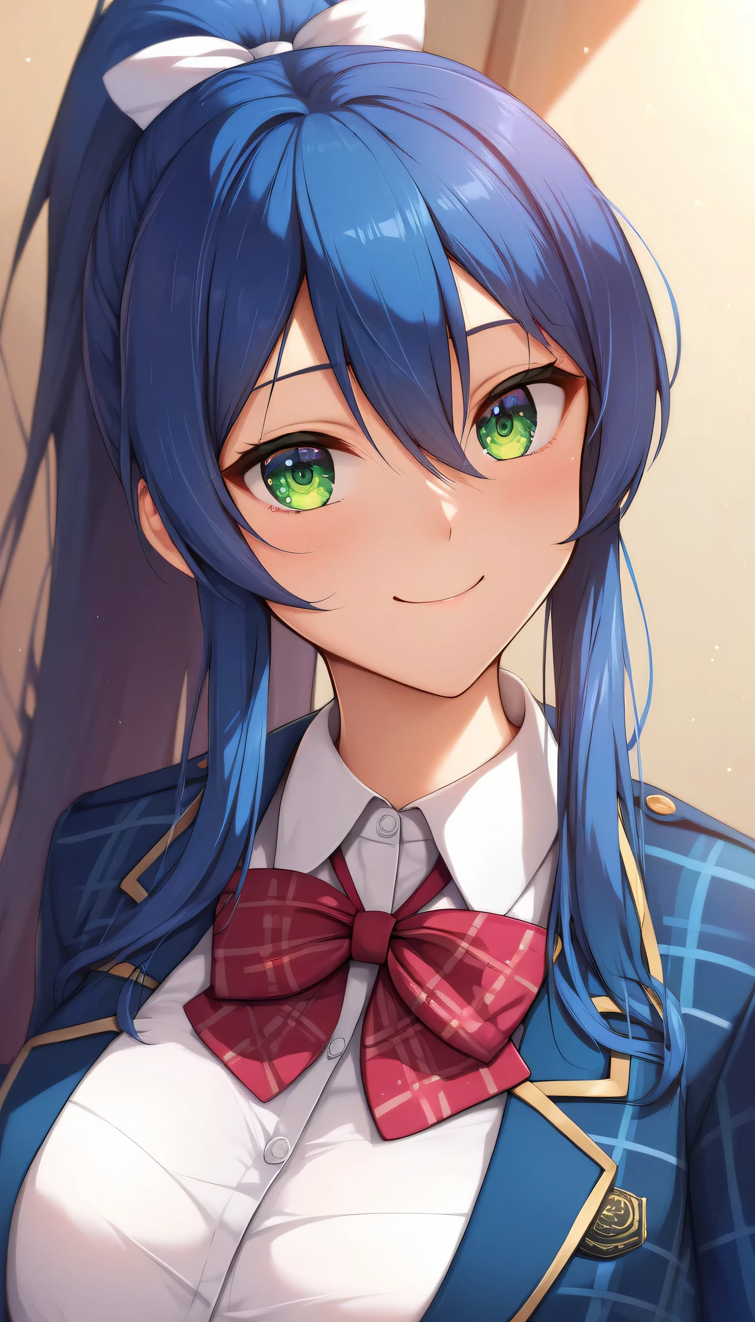 (masterpiece),Best Quality,great quality,very beautiful,Absard Dress,latest,perfect body, Shiny Skins, Perfect Eyes,More details 1 eye,Clear fingers, well-defined nails ,anime style, cute anime face 、1 girl,Alone,upper body,(portrait:1.5),viewer,facing viewer,smile,,Segami Rika ,long hair,blue hair,high ponytail from the front, floating hair,hair bows,white ribbon,side lock,hair between eyes,split bangs,green eyes,school uniform,blazers,blue jacket, perfect jacket,Wing Color,red ribbon,black vest,collar shirt,white shirt,big breasts,SKINDENTATION,long sleeve,Blue Skirt, plaid skirt,pleated skirt,absolute region with to,black thighhighs,loafers,