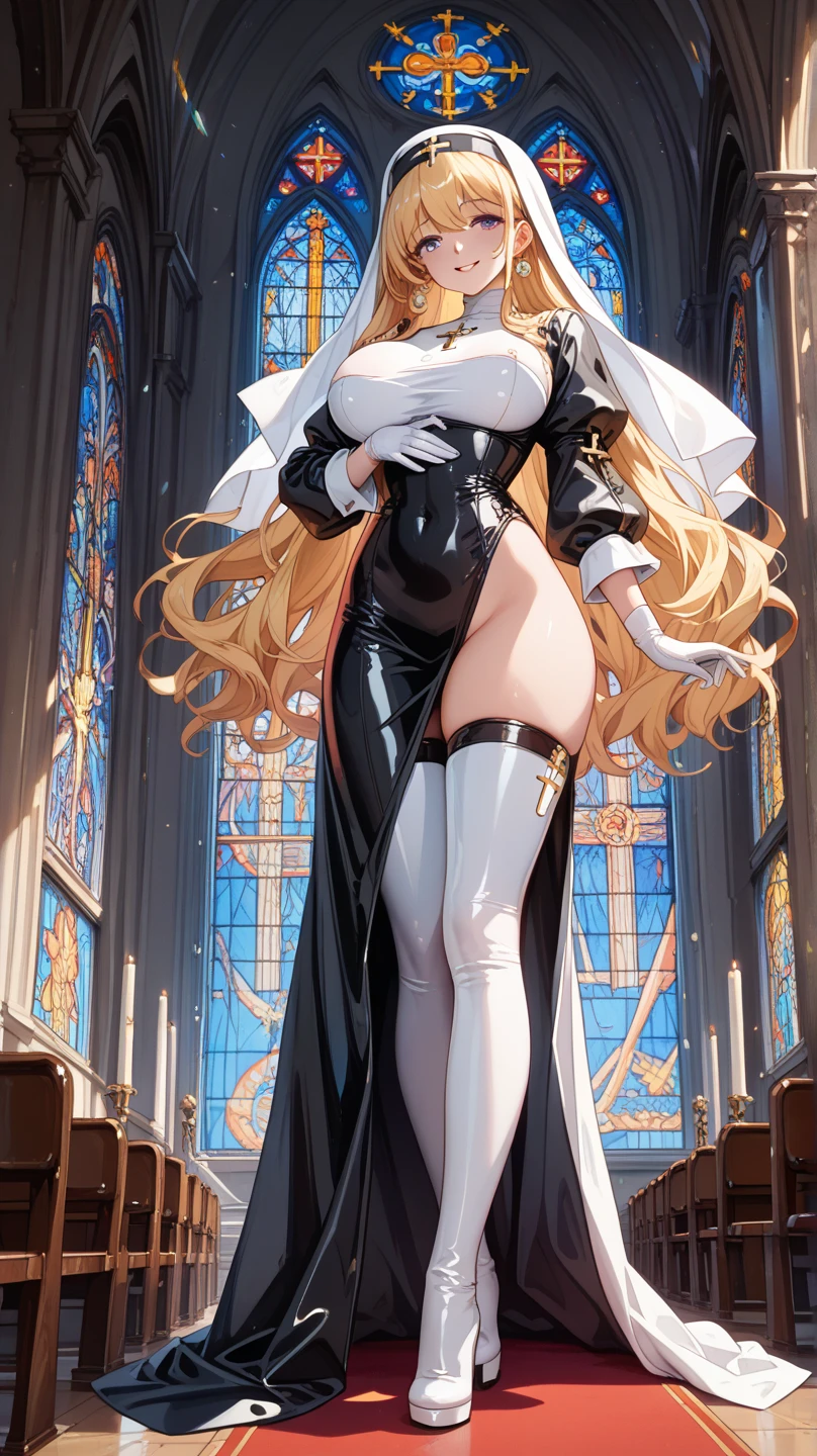 One Girl, Blonde Hair, Red eyes, Big Breasts,, A shy smile, Mature Woman, Church Background, Textured skin, Ultra-high resolution, Ultra-high resolution, Ultra-high resolution, Ultra-high resolution, Awards, Attention to detail, Incredible high key lighting and shadows, masterpiece, Great illustrations,Knee-high socks、Long glovesKnee-high socks、Long gloves、Shoulders are exposed。Knee-high socks、Long socks、Attractive legs
