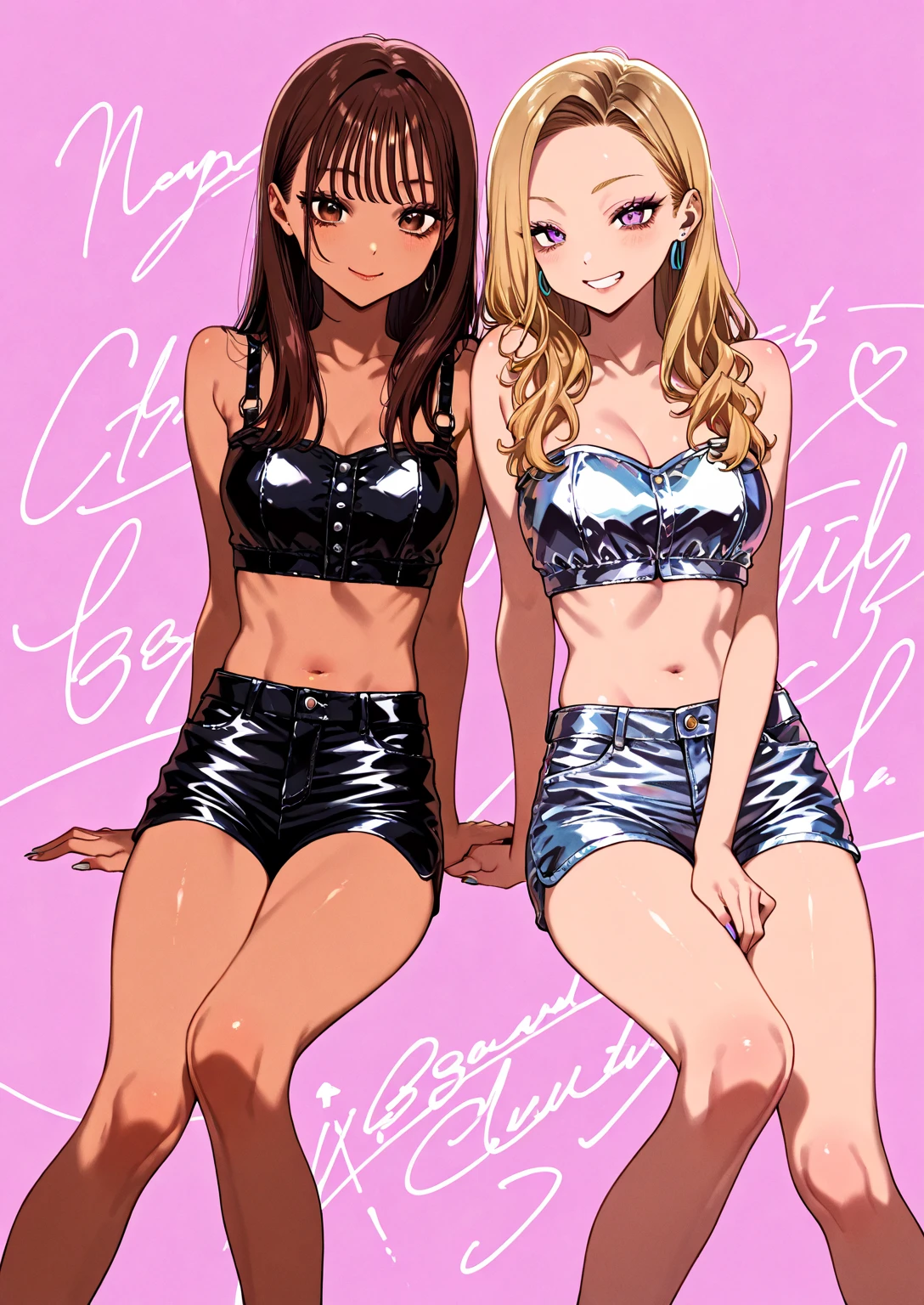 (superflat, flat shading, flat colors:1.1),(magazine cover), (multiple girls), illustrations, loli, petite, striped crop top, children's print panties, smile, volumetric lighting, soft light, bright, colorful, watercolor