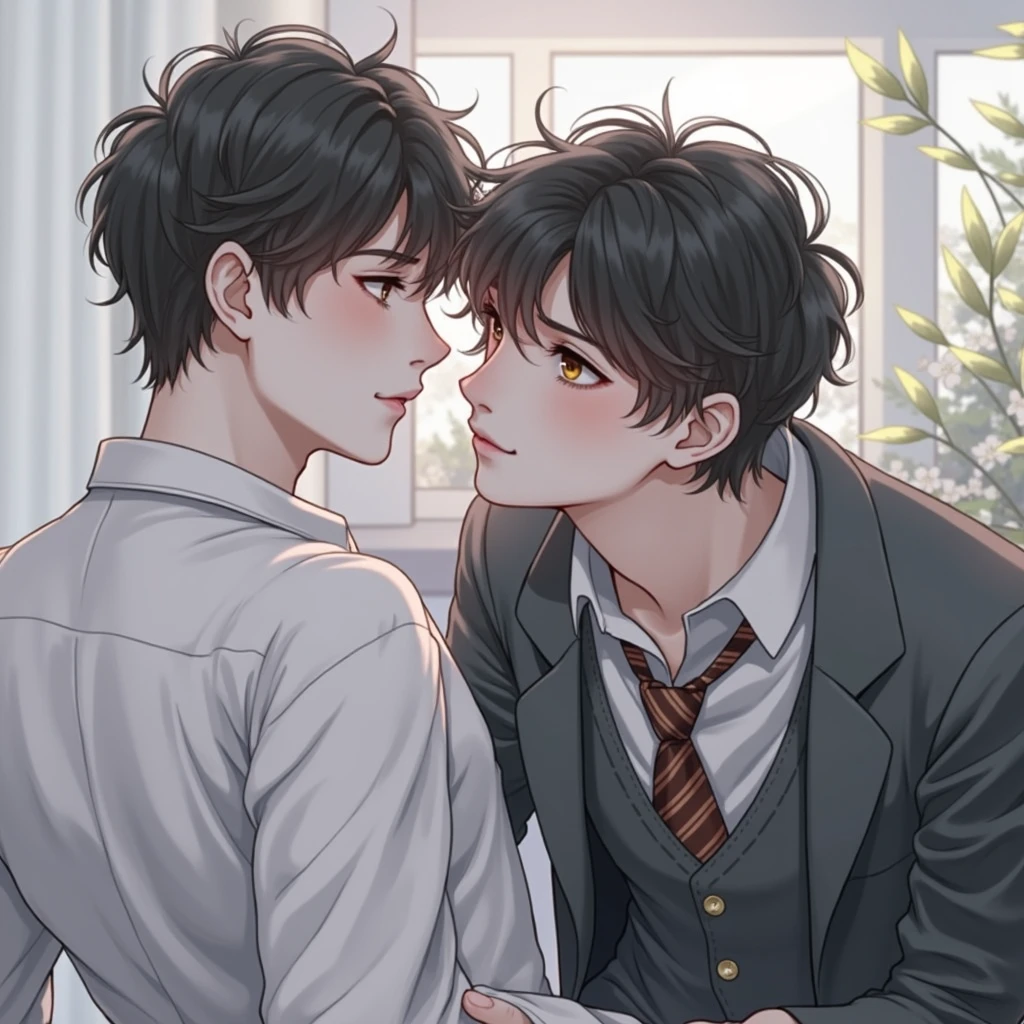 ‎Classroom、High school students、2 boys、Yaoi、Boys Love、queers、Boy with black and brown hair、School Uniforms、Kissing