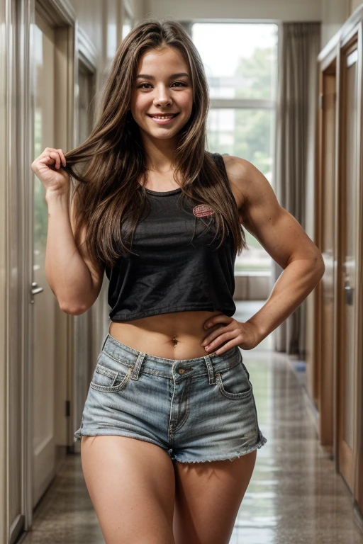 (Muscular:1.7), (large round breasts:1.4), (large muscular chest and shoulders:1.1), (tween girl:2.1), FEMALE, brown hair, long brown hair, (big smile:1.6), (wearing a polo shirt and formal skirt:1.5), looking at viewer, (three quarter view:1.2), upper body view, (front porch:1.6), dark lighting, detailed skin, detailed eyes, (clean skin:1.5), (tiny waist:1.5), exaggerated hourglass physique, (huge body muscles:1.7), (one protagonist:1.5),