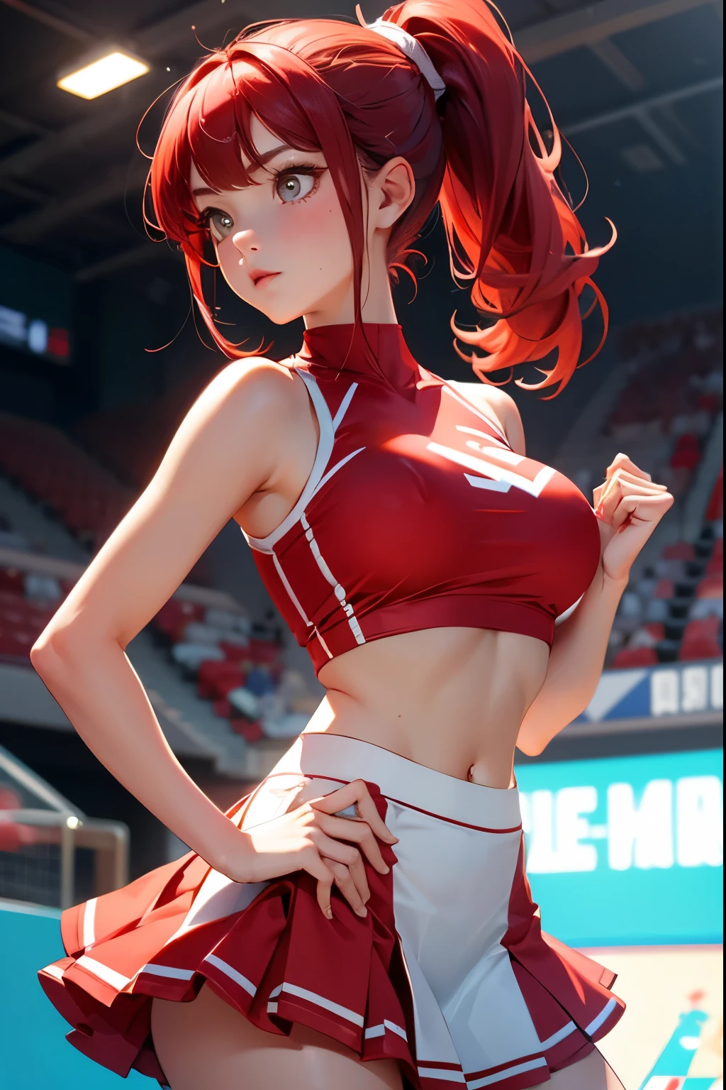A red-haired girl , two-ponytail hairstyle, white and red sports blouse, cheerleading skirt, sexy, (showing breasts),