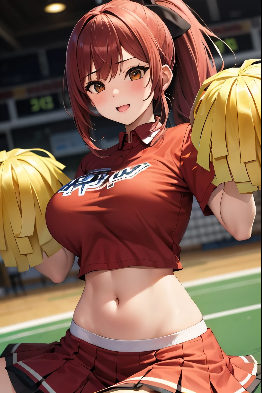 A red-haired girl ,  two-ponytail hairstyle, white and red sports blouse, cheerleading skirt, sexy, (showing breasts),