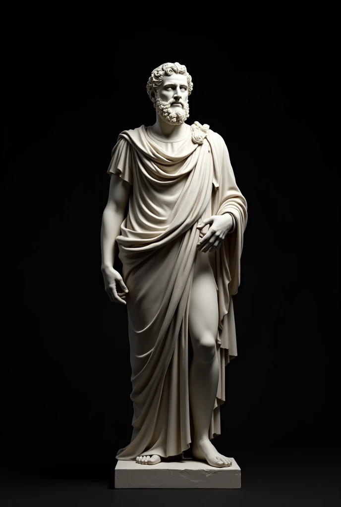 A carefully detailed realistic Greek white marble statue of Marcus Aurelius in a ghostly toga, Fondo oscuro, malhumorado, , fotorrealista, Atenta cena de cine, super detailed, hiperrealista, poca luz, 8k