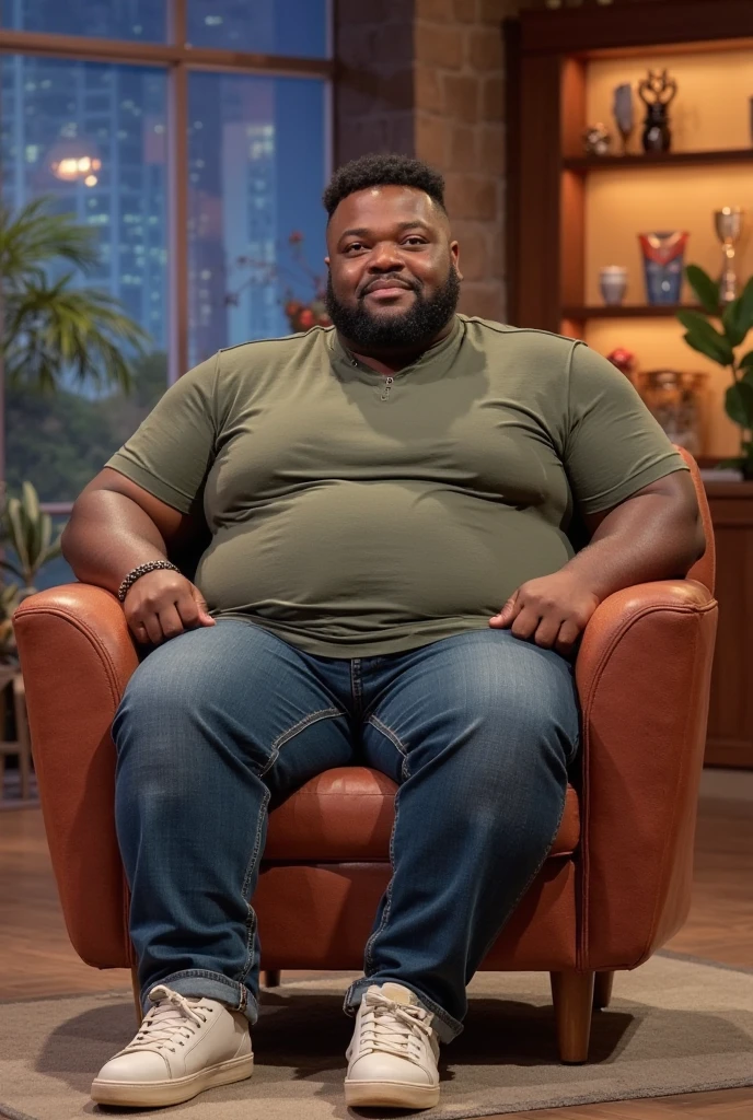 (Un hombre africano calvo cacheton gigante, obeso, barrigon, serio, grumpy 50 year old with (35 metros de altura) como (guardaespalda) con un (enorme vientre, corpulento con (forma redonda) con un (cuerpo completo), sitting at a cramped small table with a huge distended belly sticking out to the side like a (Beach ball), (usando un traje elegante), (black pants), (gafas de sol) su vientre es parecido a un enorme globo hinchado de (800 libras) lleno de agua colgando entre sus rodillas, con sus brazos abiertos) 