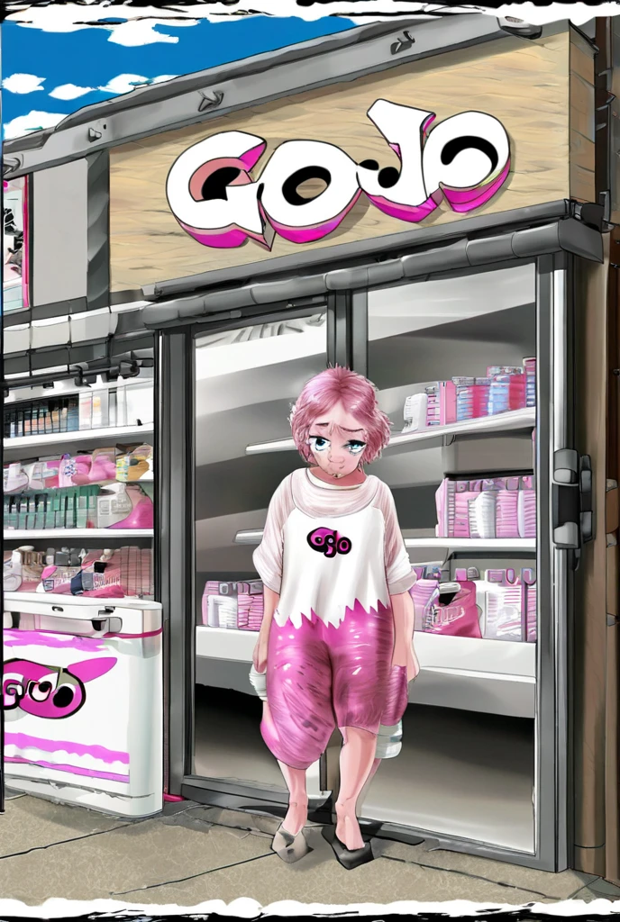 (whole body), he was a femboy, wore a black jacket, in a hoodie, Messy white hair, he was standing, blushing a lot, in a store, we bought a huge dildo, the salesman looked at him with a mischievous face, the femboy was shy and excited looking at the dildo, he was wearing short black shorts and black socks, ele tava in a store de sex toy, looking at the counter and the salesperson, dildo in his hand, in the other hand he pulled the hood to cover his face but failed, the shelves are full of vibrators, dildos and plug, the salesman's dick in front of the femboy dripped semen on the counter