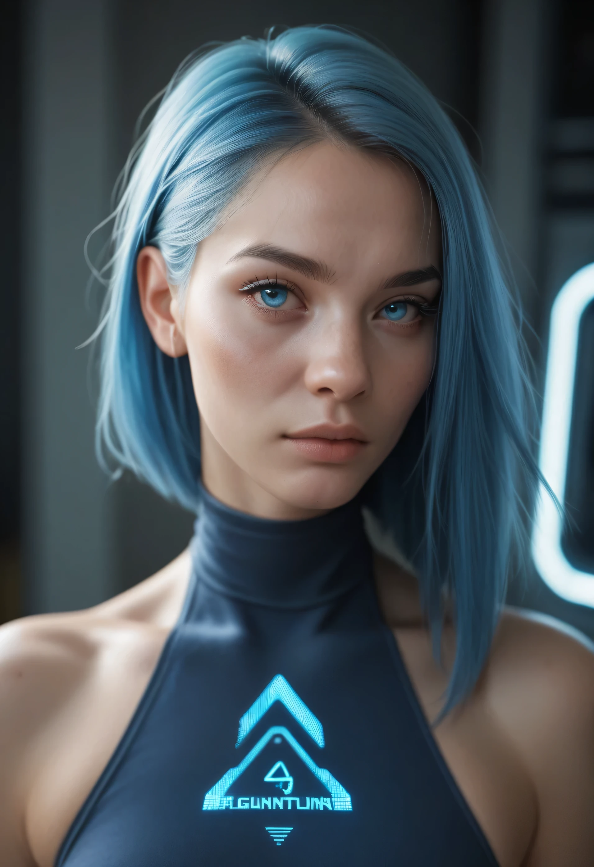Artificial intelligence generates a quantum portal in the cyberpunk image of the past in the year 2000 and in the background a woman called (((juliadroid ))) Blue hair and bright blue eyes
