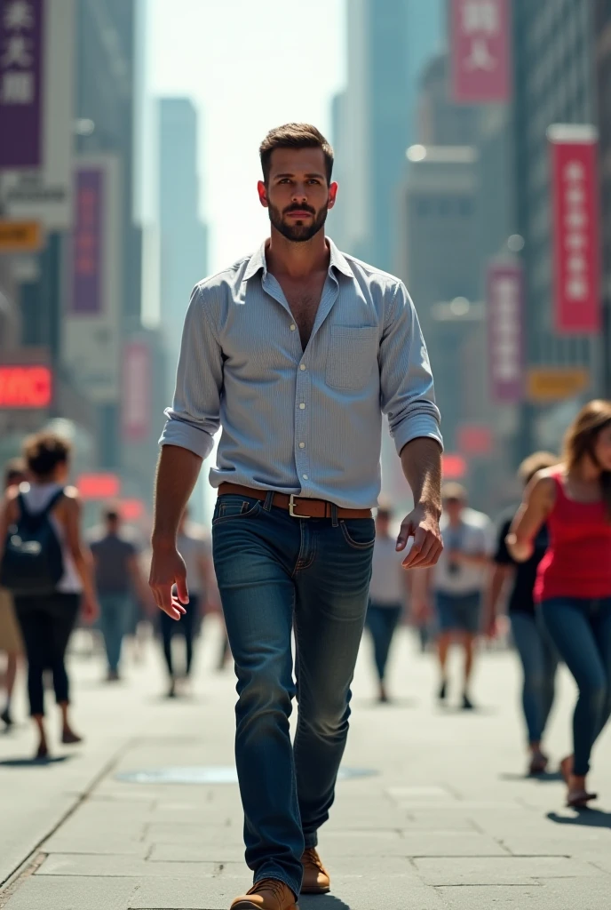 A man walking in motion with a dress shirt and shorts 
