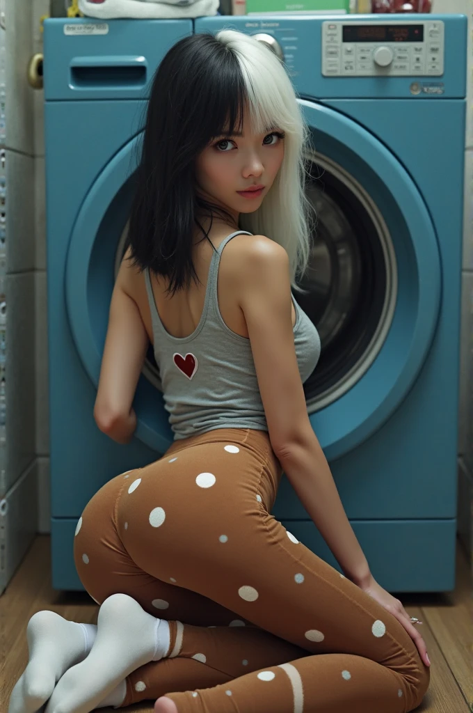((best quality)), ((masterpiece)), (ultra details), 1girl, cute face, k-pop idle NewJeans, IVE, very short hair, crawling on all fours, on all fours, wearing thong, T back、soaking wet ,wet through, sexy, full body, long tights, sad face, looking after, sexy posing, background coin laundry, self-service laundry, laundromat, background, sunshine, foggy morning
big butt wearing in twerk style, slender figure, smiling with determination, looking into the camera against the backlight, big ass