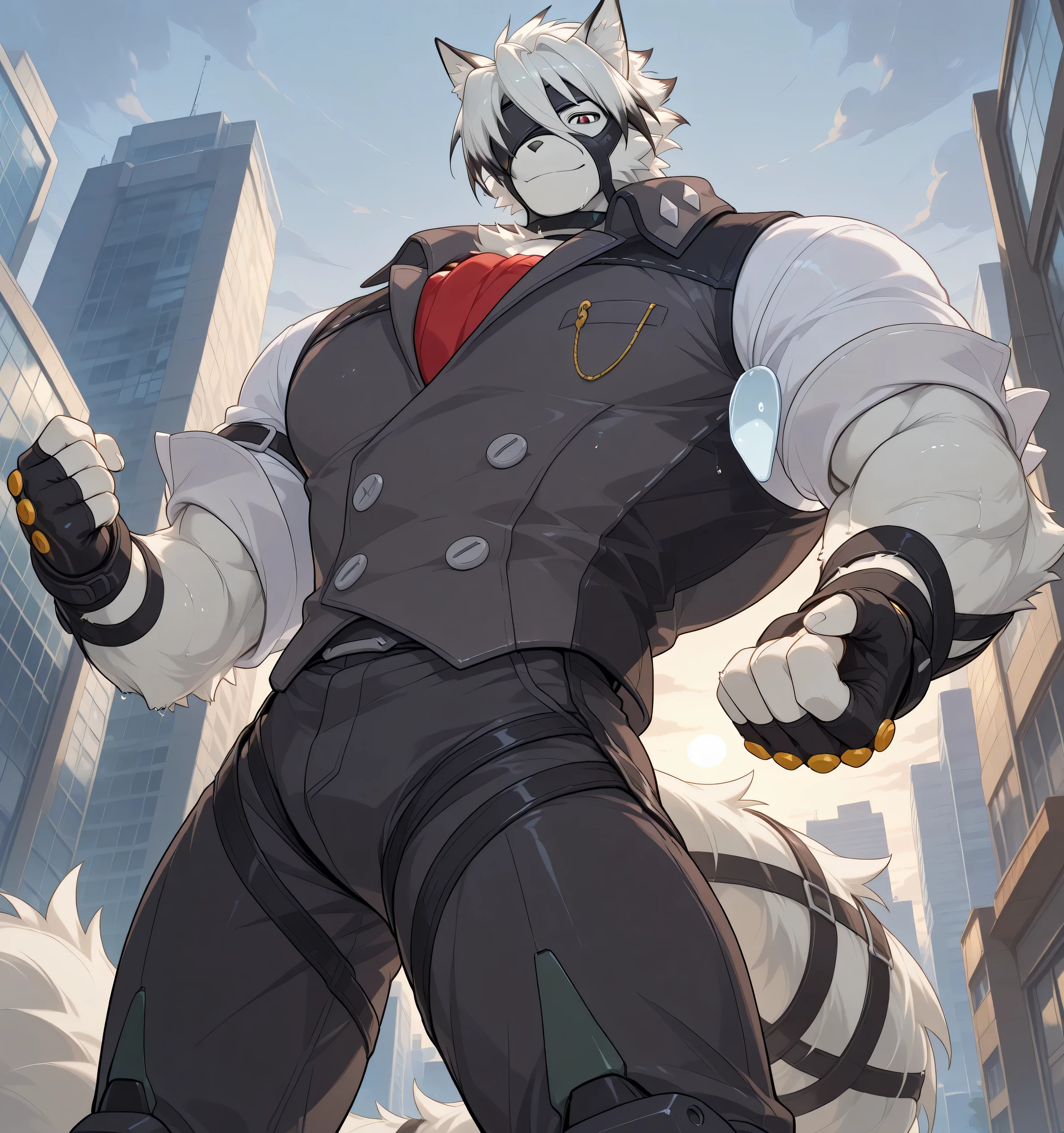 detailed background, low view, city, dutch angle, solo BREAK score_9_up,score_8_up,score_7_up,score_6_up,score_5_up,score_4_up BREAK kemono, bara, furry, 1boy, Lycaon, white fur, white hair, animal ears, tail, eye patch, red eyes, male, clothed, huge muscular, male, broad chest, broad shoulders, macro, posing, bedroom eyes, smile, sweaty, looking at viewer