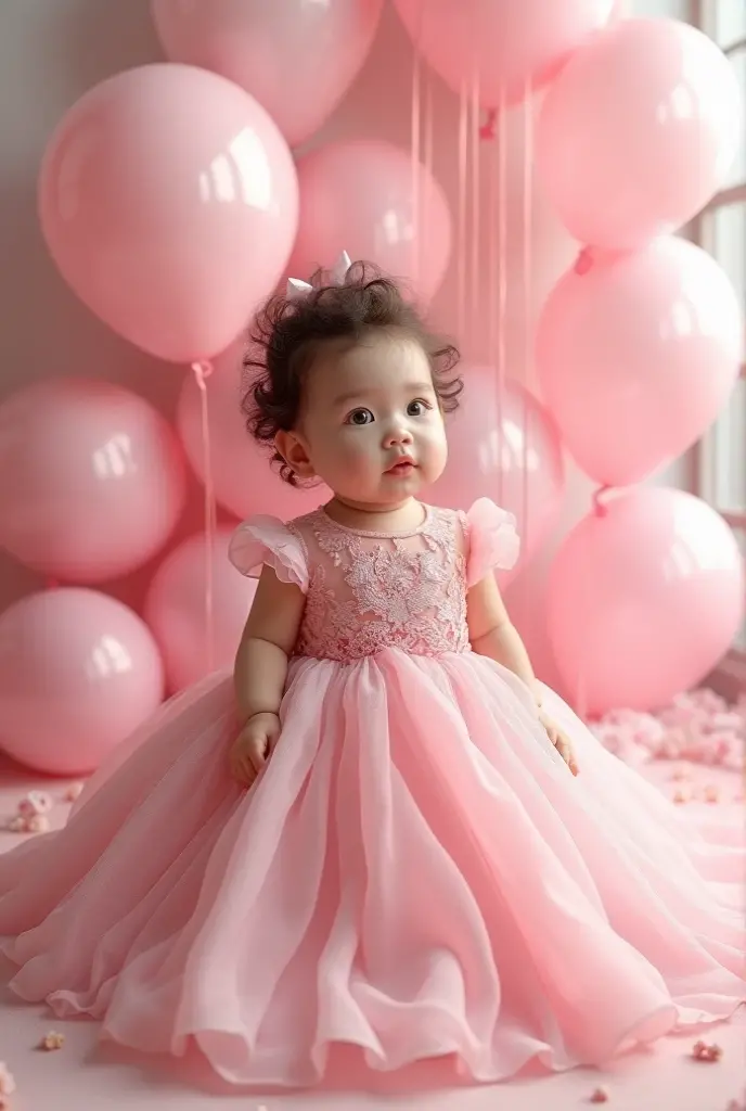 Baby sitting on a swing on the clouds with a hair bow and a pink dress