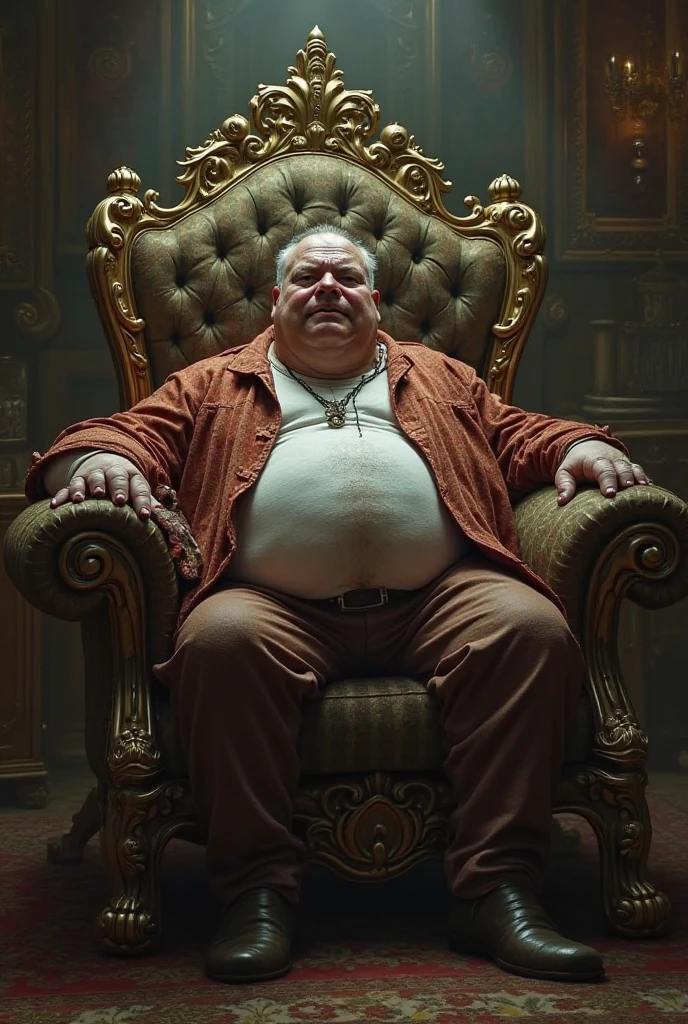 Fat Tom Cruise (full body:1.5) as clown is sitting in a chair at Russian interior, photorealism, professional photo, intricate details, photoreal, shot using sony a7riii camera