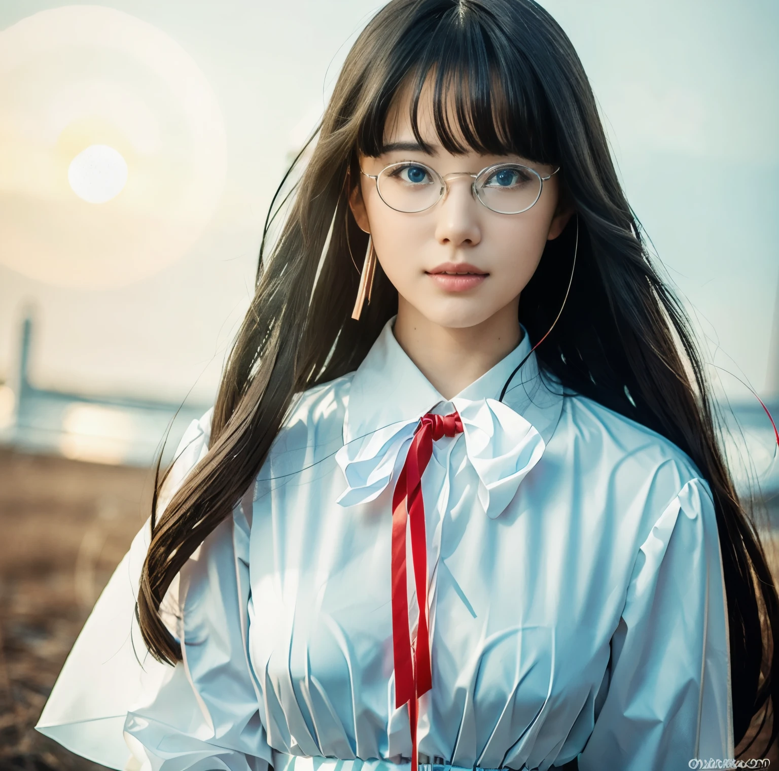 8K quality, pictures, Two beautiful men and beautiful women, Beautiful like a goddess, The backlight of the sunset is so dazzling that the characters are hazy, above chest shot at the ruins, (White blouse with red thin string ribbon tie:1.2), (Fine silver glasses), (Brilliant, beautiful light blue eyes and beautiful hair:1.2), Hair flying in the wind, Whitening skin like white porcelain, Half Up with Bangs, Photograph,