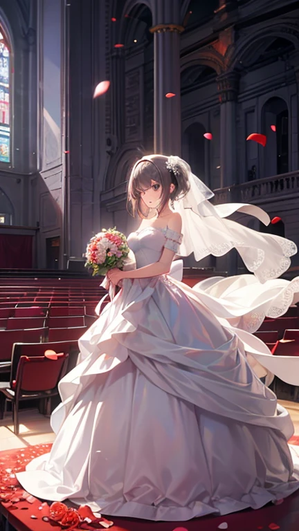 wedding gown,auditorium,Flying white doves,Holding roses in hand,divino