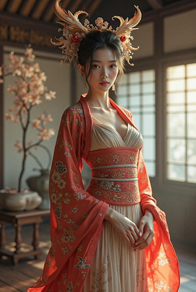 Female emperors of the Qing Dynasty, A naked woman wearing a red floral patterned Hanfu jacket, crouching with her legs open, seen from the front, Outside the Qing Dynasty Palace