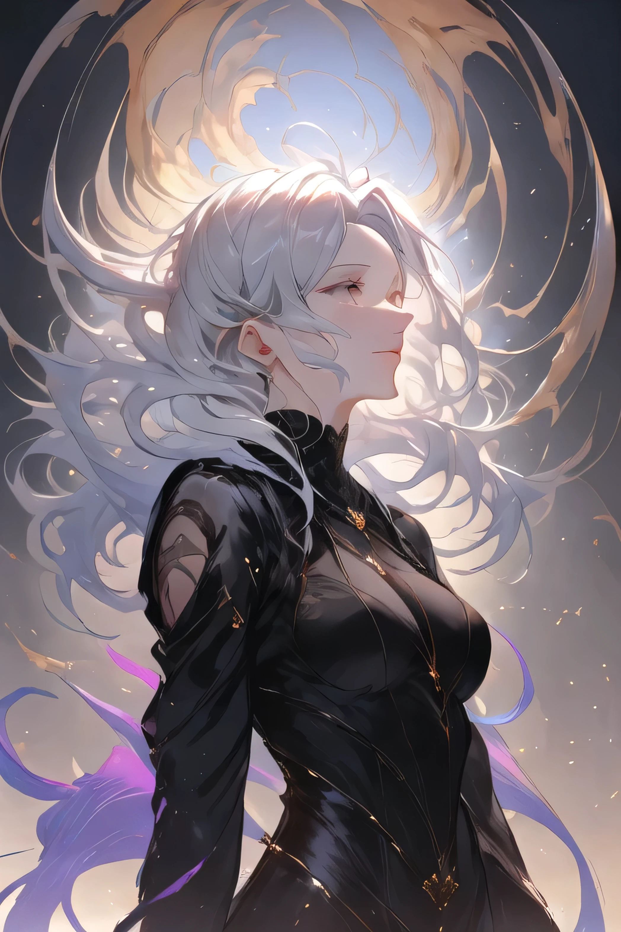 * Atalia has long silver hair , that shine with an ethereal beauty . Her skin is clear as porcelain and her face has delicate and soft features. Her gray eyes have a cunning glow , while her slender and elegant figure moves with natural grace *