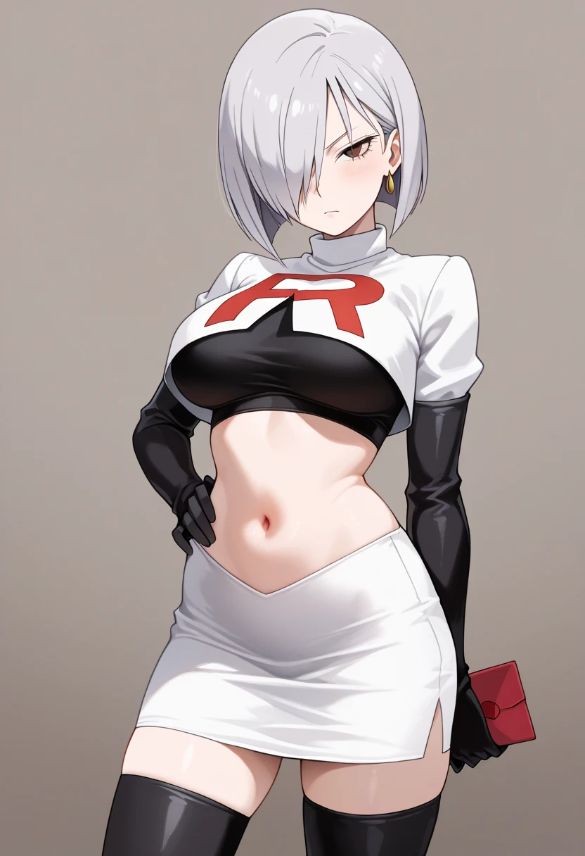 (masterpiece, best quality:1.2),illustration,8k,hd,1girl,solo,hair over one eye,short hair,ahoge,grey eyes,grey hair,alternate hair length,alternate hairstyle,large breasts,team rocket,team rocket uniform,white skirt,red letter R,crop top,black thigh-highs,black elbow gloves