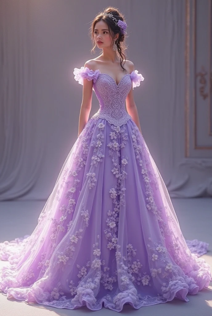 A lilac satin gown with spaghetti straps and a straight neckline. It features a drapped design with cascading ruffles along the skirt and whose edges are decorated with rhinestone fading from dark purple to light as it goes up, and gathered to one side with a floral embelishmet or a few blue spiderlillies. The fabric has a soft sheen adding a luxurious touch to the elegant and romantic hourglass silhouette.