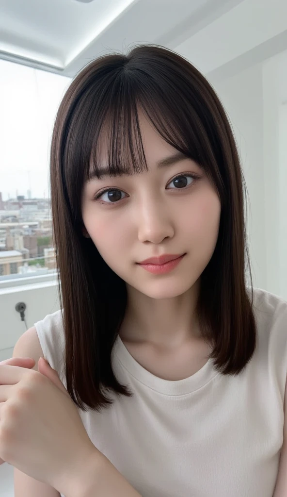 8K, ultra-detailliert, ​masterpiece, top-quality, Photorealsitic, Detailed face, Detailed eyes, 30-years-old Japanese woman, 1 person, Cute face, The lower lip is thick and plump, Facing the front, Nice Body, (Look at viewers), Gorgeous hairstyle, thin clothes, well-shaped bust