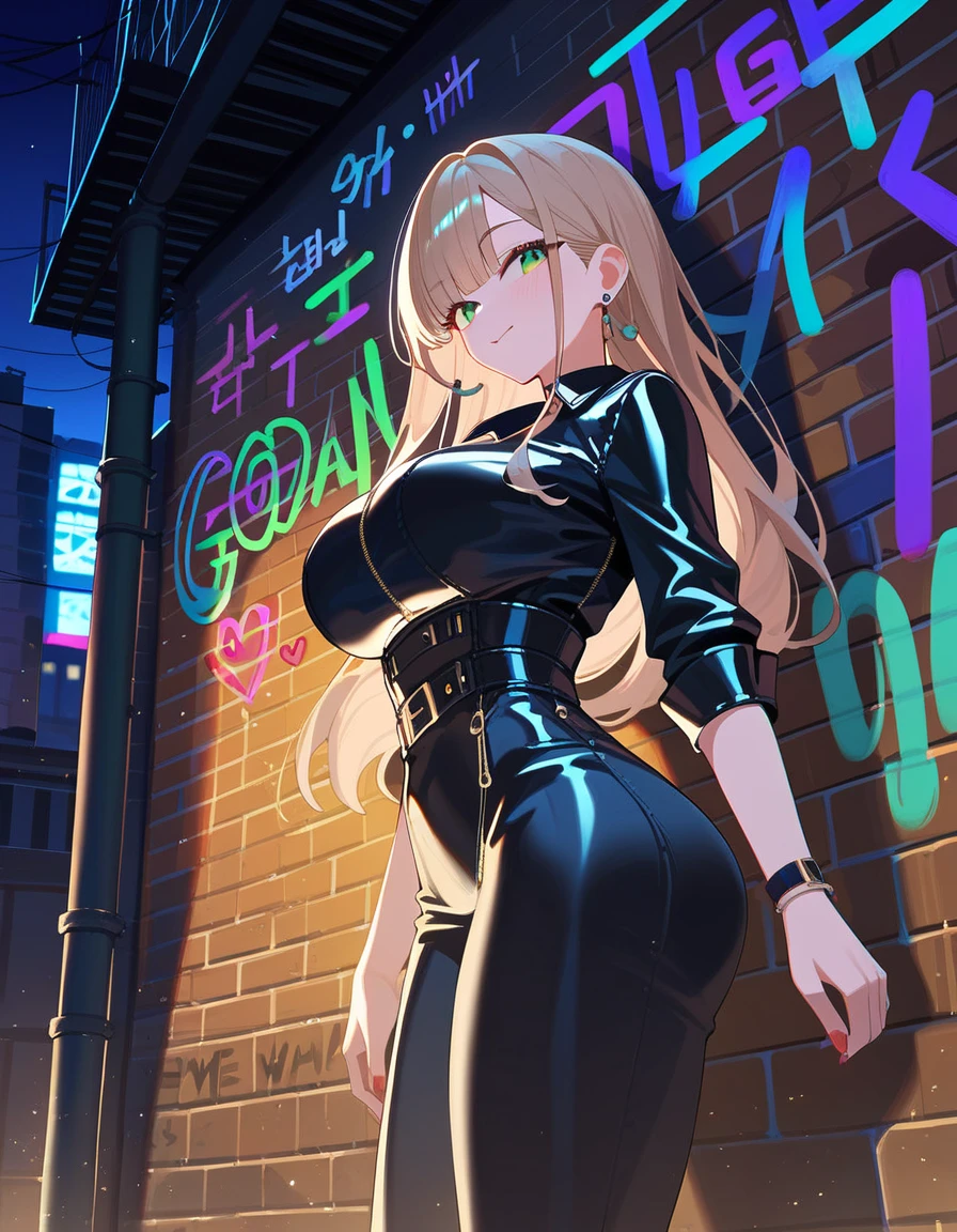 Alley, night, wall graffiti art, Absurd, Perfect Anatomy, performance, Good lighting, Shadows in the movies, large breasts, large butt, thin waist, Long HAIR, light brown HAIR, light green eyes, original HAIR style, Dynamic Angle