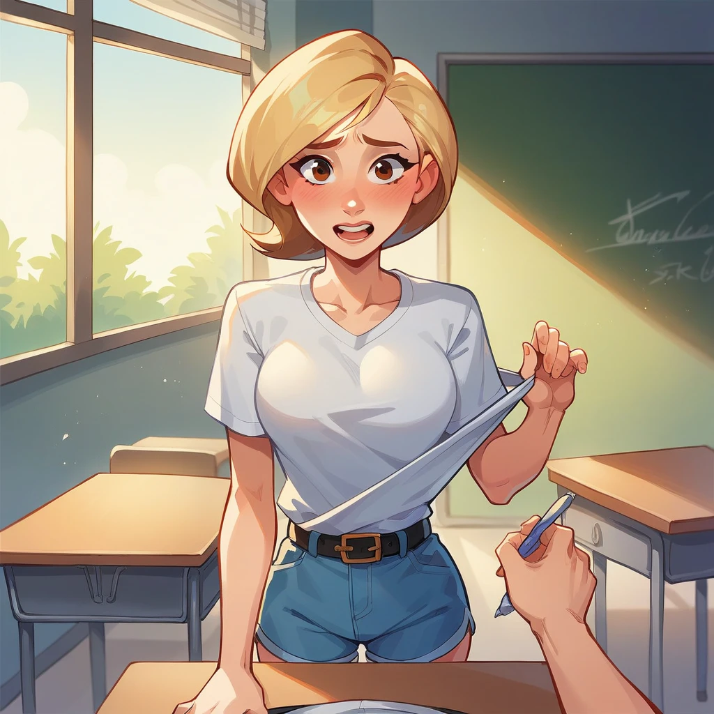 Clover, totally spies, blonde hair, medium hair, blue eyes, skinny, white skirt, pink tank-top midriff, classroom, half-closed eyes, smile, fat man in brown suit, stroking penis, foreskin, bald, grabbing penis