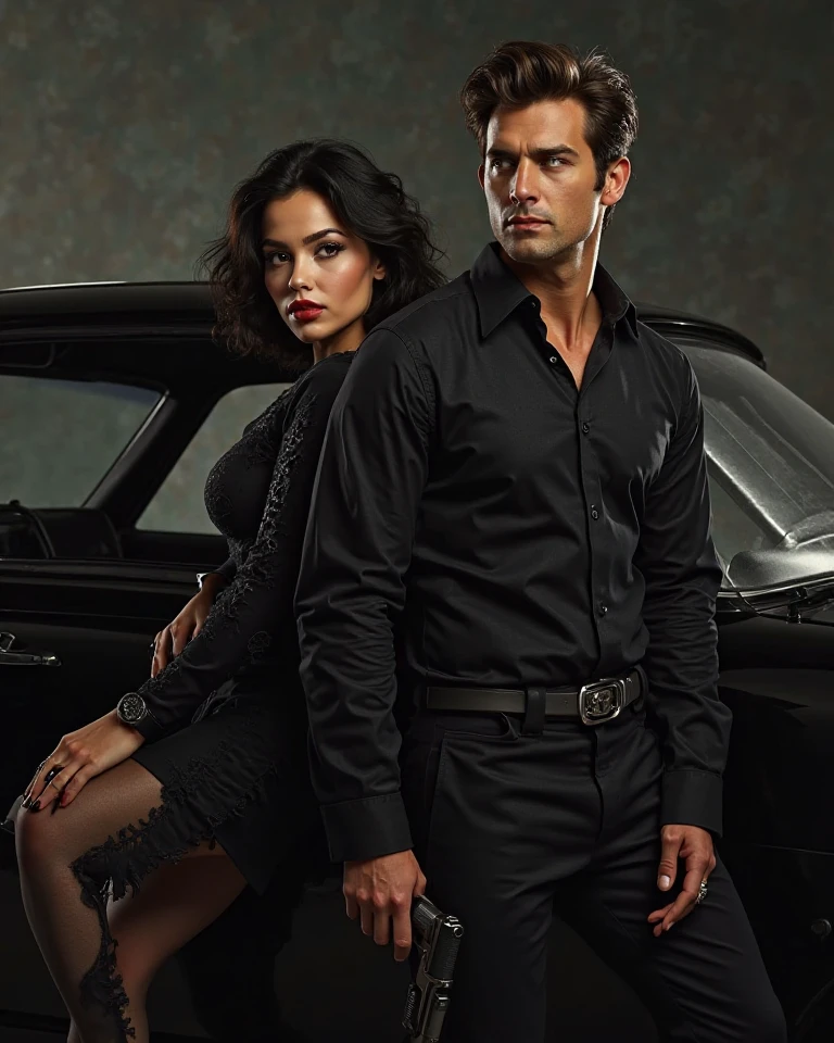 arafed image of a man and a woman standing in front of a car, vintage noir, promotional shot, by Dan Frazier, press shot, by Adam Saks, by Jakob Gauermann, by Thomas Fogarty, promo shot, by David Palumbo, by Gavin Nolan, by Matt Cavotta, by Winona Nelson, by  Adams