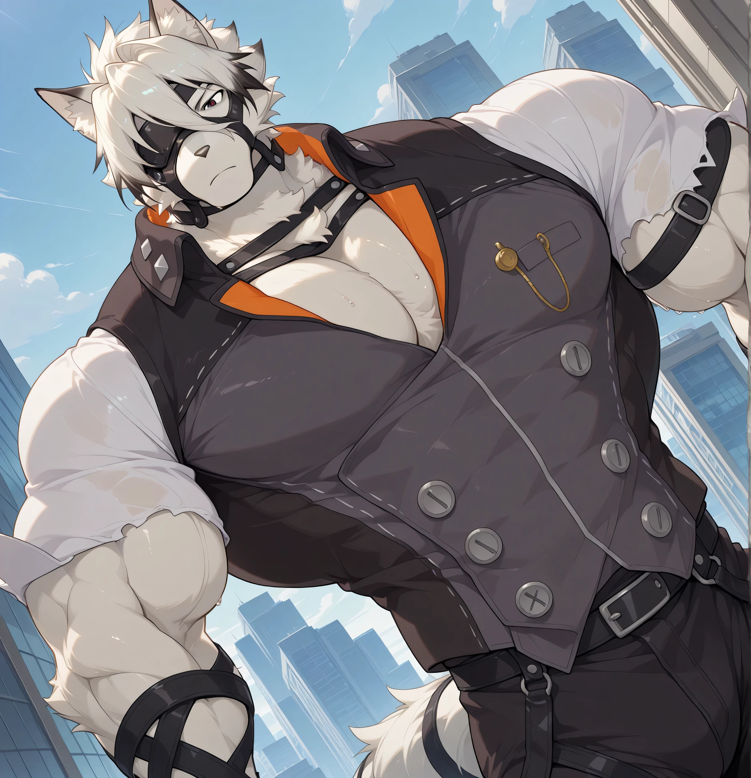 detailed background, low view, city, dutch angle, upper body shot, solo BREAK score_9_up,score_8_up,score_7_up,score_6_up,score_5_up,score_4_up BREAK kemono, bara, furry, 1boy, Lycaon, white fur, white hair, animal ears, tail, eye patch, red eyes, male, ripped clothing, huge muscular, male, broad chest, broad shoulders, thick arms, thick legs, macro, posing, bedroom eyes, serious, sweaty, flexing, looking at viewer
